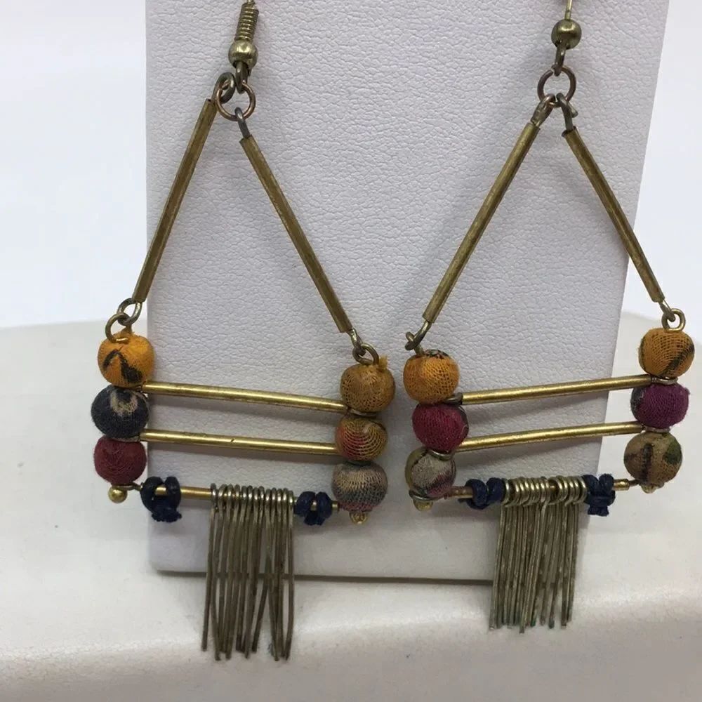 Indian Dangly Triangle Boho Earrings Made of recycled Saris! - Picture 4 of 11